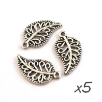 Breloque feuille argent vieilli x5
