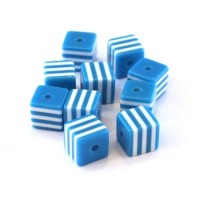 Perle cube rayée 8mm bleu turquoise x10
