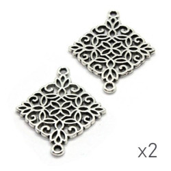 Breloque connecteur losange filigrane argenté x2