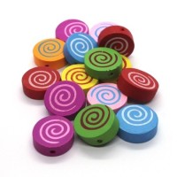 Perles en bois peintes disque spirale 18mm
