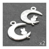 2 Breloques chat demi-lune argentés