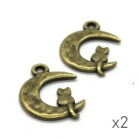 2 Breloques chat demi-lune bronze