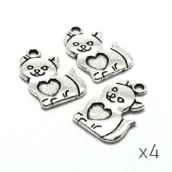 4 Breloques chat avec coeur argent vieilli