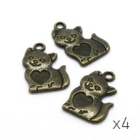 4 Breloques chat avec coeur bronze