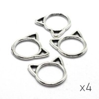 4 Breloques connecteur tête de chat argent vieilli