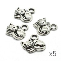 5 Breloques chat argent vieilli