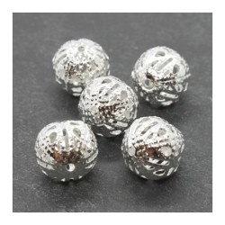 Perles filigrane rondes en métal 12mm argentées