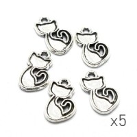 5 Breloques chat 15x9mm argent vieilli