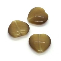 3 Perles coeur oeil de chat marron kaki 16mm