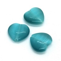 3 Perles coeur oeil de chat aquamarine 16mm