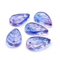 Perles en verre feuilles 18mm bicolores bleu rosé x10