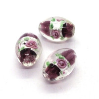 Perle fleurie lampwork ovale 16mm prune