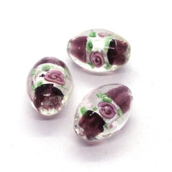 Perle fleurie lampwork ovale 16mm prune