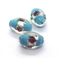 Perle fleurie lampwork ovale 16mm turquoise