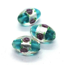 Perle fleurie lampwork ovale 16mm vert canard