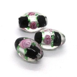 Perle fleurie lampwork ovale 16mm noir