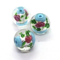 Perle fleurie lampwork 14mm turquoise