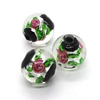 Perle fleurie lampwork 14mm noir
