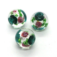 Perle fleurie lampwork 14mm vert canard