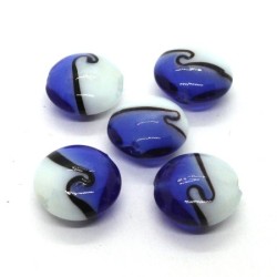 Perle galet bicolore en verre lampwork 16mm bleu et blanc