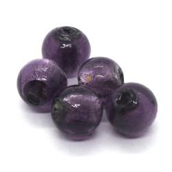 Perles en verre feuille d'argent 10mm violet x5