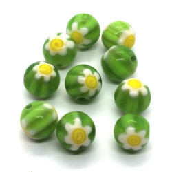 10 Perles rondes millefiori 8mm vert clair
