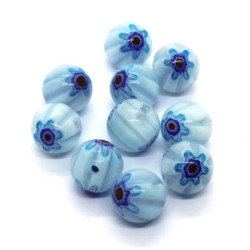 10 Perles rondes millefiori 8mm bleu clair