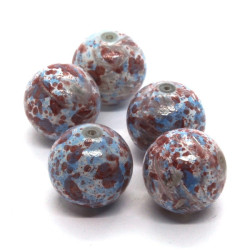 5 Perles rondes en verre marbré 12mm bleu