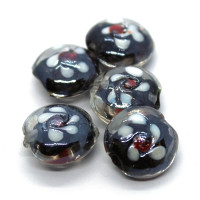 5 Perles fleuries en verre 16mm noir