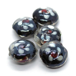 5 Perles fleuries en verre 16mm noir