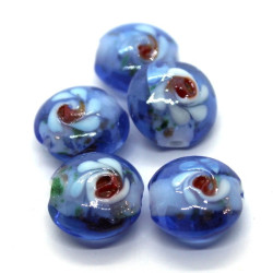 5 Perles fleuries en verre 16mm bleu clair