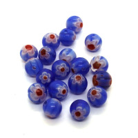 20 Perles rondes verre millefiori bleu rouge 6mm