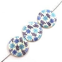 Perle plate en nacre imprimée 30mm fleuri bleu et turquoise