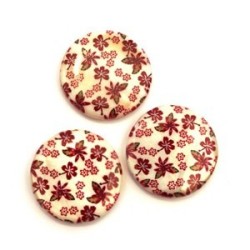 Perle plate en nacre imprimée 30mm fleuri rouge foncé