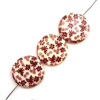 Perle plate en nacre imprimée 30mm fleuri rouge foncé