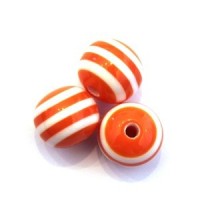 Perles rayées 11mm en résine couleur orange et blanc x10