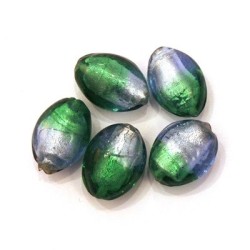 5 Perles feuille d’argent olives bicolore 17mm saphir / vert
