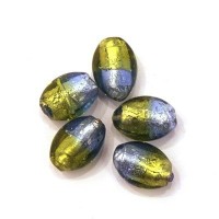 5 Perles feuille d’argent olives bicolore 14mm saphir / olivine
