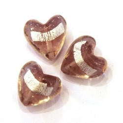 3 Perles coeur bande feuille d'argent 20mm violine clair