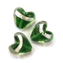 3 Perles coeur feuille argent 20mm vert